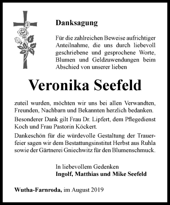 Traueranzeige von Veronika Seefeld von Thüringer Allgemeine, Thüringische Landeszeitung