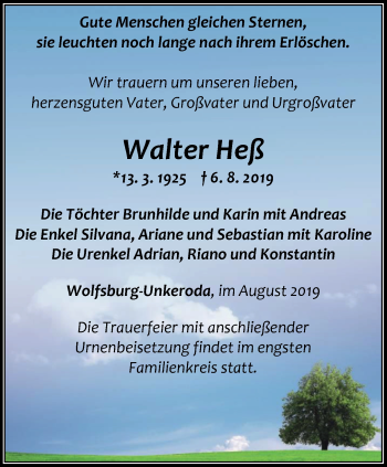 Traueranzeige von Walter Heß von Thüringer Allgemeine, Thüringische Landeszeitung