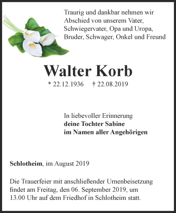 Traueranzeige von Walter Korb von Thüringer Allgemeine, Thüringische Landeszeitung