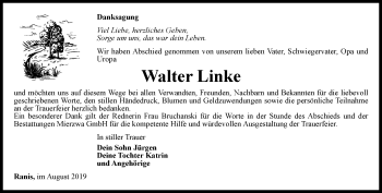 Traueranzeige von Walter Linke von Ostthüringer Zeitung