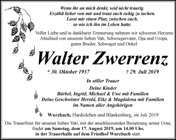 Traueranzeige von Walter Zwerrenz von Ostthüringer Zeitung