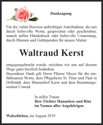 Traueranzeige von Waltraud Kerst von Thüringer Allgemeine, Thüringische Landeszeitung