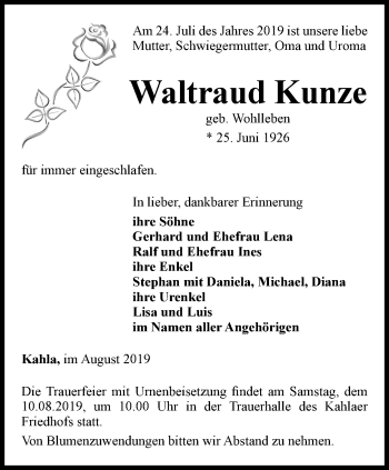 Traueranzeige von Waltraud Kunze von Ostthüringer Zeitung, Thüringische Landeszeitung