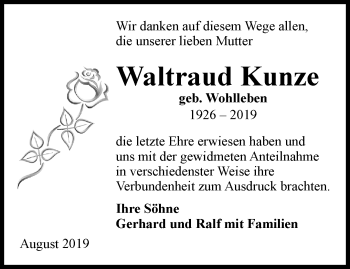 Traueranzeige von Waltraud Kunze von Ostthüringer Zeitung, Thüringische Landeszeitung