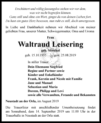 Traueranzeige von Waltraud Leisering