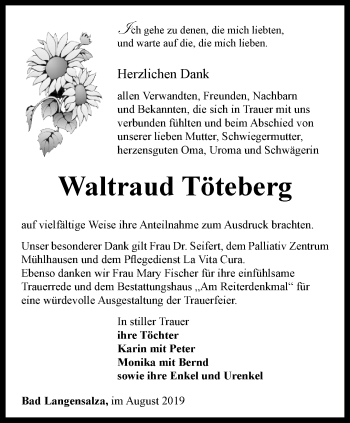 Traueranzeige von Waltraud Töteberg von Thüringer Allgemeine, Thüringische Landeszeitung