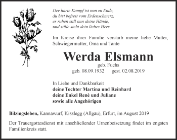 Traueranzeige von Werda Elsmann von Thüringer Allgemeine