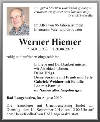 Traueranzeige von Werner Hiemer von Thüringer Allgemeine, Thüringische Landeszeitung