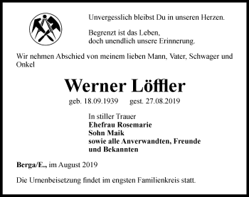 Traueranzeige von Werner Löffler von Ostthüringer Zeitung