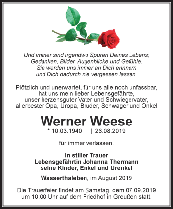 Traueranzeige von Werner Weese von Thüringer Allgemeine