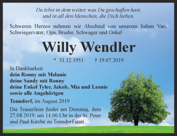 Traueranzeige von Willy Wendler von Thüringer Allgemeine, Thüringische Landeszeitung