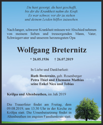 Traueranzeige von Wolfgang Breternitz von Ostthüringer Zeitung