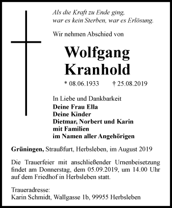 Traueranzeige von Wolfgang Kranhold von Thüringer Allgemeine