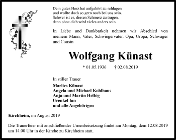 Traueranzeige von Wolfgang Künast von Thüringer Allgemeine