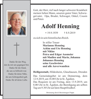 Traueranzeige von Adolf Henning von Thüringer Allgemeine