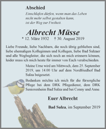 Traueranzeige von Albrecht Müsse von Thüringer Allgemeine, Thüringische Landeszeitung