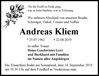 Traueranzeige von Andreas Kliem von Thüringer Allgemeine, Thüringische Landeszeitung