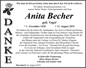 Traueranzeige von Anita Becher von Ostthüringer Zeitung