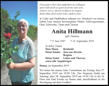 Traueranzeige von Anita Hillmann von Thüringer Allgemeine