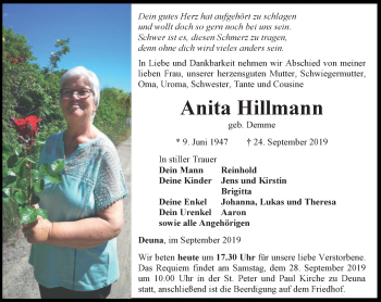 Traueranzeige von Anita Hillmann von Thüringer Allgemeine