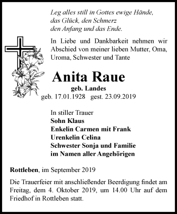 Traueranzeige von Anita Raue von Thüringer Allgemeine