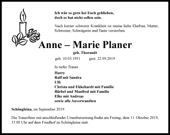 Traueranzeige von Anne-Marie Planer von Ostthüringer Zeitung