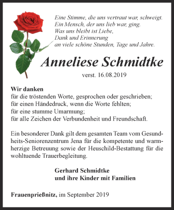 Traueranzeige von Anneliese Schmidtke von Ostthüringer Zeitung, Thüringische Landeszeitung