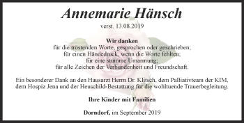 Traueranzeige von Annemarie Hänsch von Ostthüringer Zeitung, Thüringische Landeszeitung