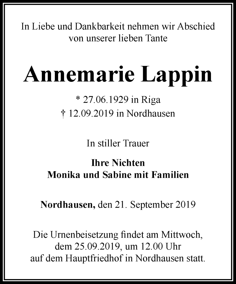  Traueranzeige für Annemarie Lappin vom 21.09.2019 aus Thüringer Allgemeine