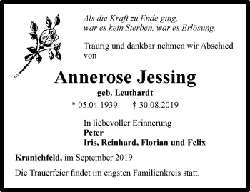 Traueranzeige von Annerose Jessing von Thüringer Allgemeine, Thüringische Landeszeitung