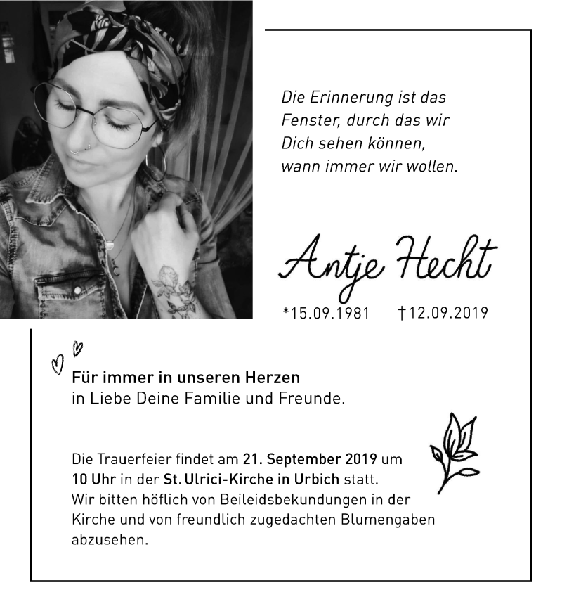  Traueranzeige für Antje Hecht vom 17.09.2019 aus Thüringer Allgemeine, Thüringische Landeszeitung