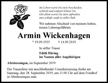 Traueranzeige von Armin Wickenhagen von Thüringer Allgemeine