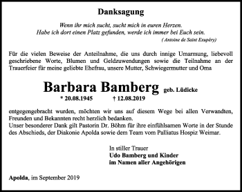 Traueranzeige von Barbara Bamberg von Thüringer Allgemeine, Thüringische Landeszeitung