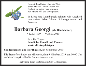 Traueranzeige von Barbara Georgi von Thüringer Allgemeine