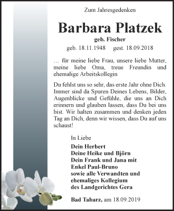 Traueranzeige von Barbara Platzek von Ostthüringer Zeitung, Thüringische Landeszeitung