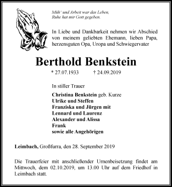 Traueranzeige von Berthold Benkstein von Thüringer Allgemeine