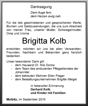 Traueranzeige von Brigitta Kolb von Ostthüringer Zeitung