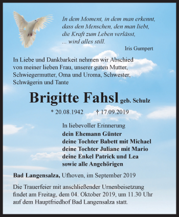 Traueranzeige von Brigitte Fahsl von Thüringer Allgemeine, Thüringische Landeszeitung