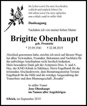 Traueranzeige von Brigitte Obenhaupt von Thüringer Allgemeine