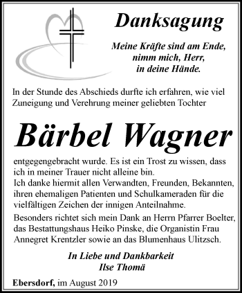 Traueranzeige von Bärbel Wagner von Ostthüringer Zeitung