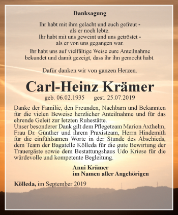 Traueranzeige von Carl-Heinz Krämer von Thüringer Allgemeine