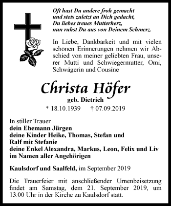 Traueranzeige von Christa Höfer von Ostthüringer Zeitung
