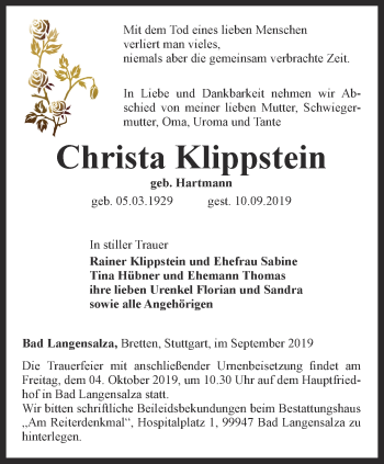 Traueranzeige von Christa Klippstein von Thüringer Allgemeine, Thüringische Landeszeitung