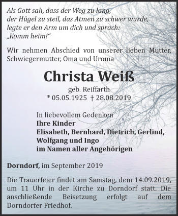 Traueranzeige von Christa Weiß von Ostthüringer Zeitung, Thüringische Landeszeitung
