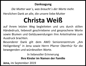 Traueranzeige von Christa Weiß von Ostthüringer Zeitung, Thüringische Landeszeitung