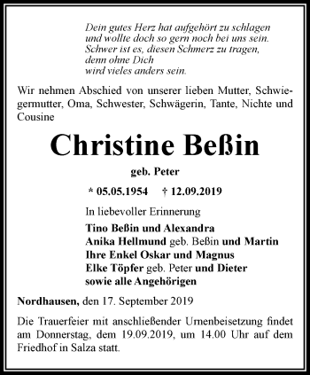 Traueranzeige von Christine Beßin von Thüringer Allgemeine