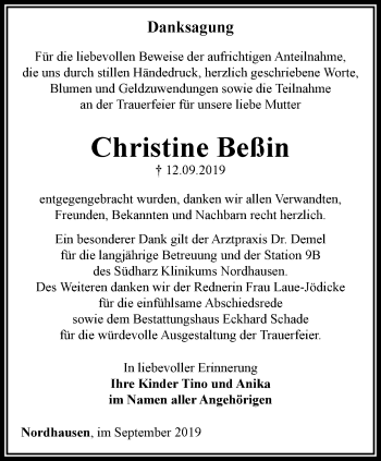 Traueranzeige von Christine Beßin von Thüringer Allgemeine