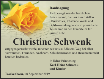 Traueranzeige von Christine Schwenk von Ostthüringer Zeitung