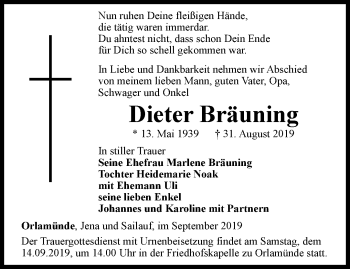Traueranzeige von Dieter Bräuning von Ostthüringer Zeitung, Thüringische Landeszeitung