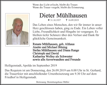 Traueranzeige von Dieter Mühlhausen von Thüringer Allgemeine